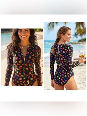 Kate Spade Fruit Print Long Sleeve Rashguard 1 Pc Swimsuit Size M NWT Reversible